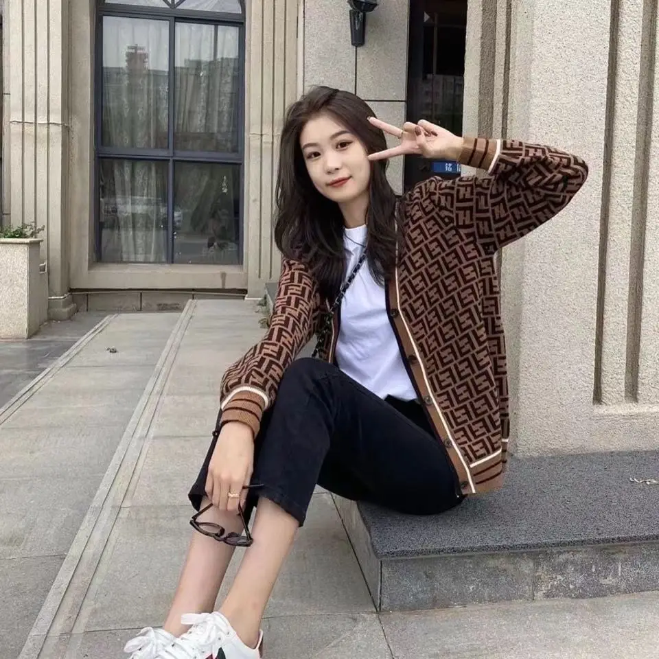여성용 니트 캐주얼 스웨터, 자카드 레터 니트 카디건, 단추 V넥 상의, 가을 패션, 2024 신상