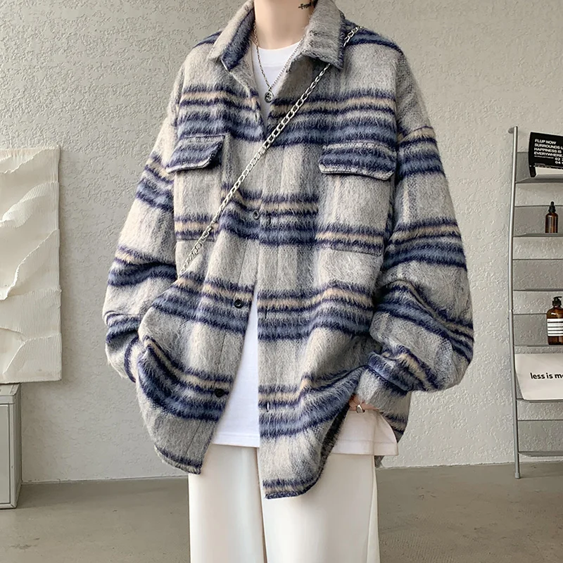 

Plaid Woolen Coat Men Warm Fashion Retro Thicken Woolen Jacket Men Streetwear Korean Loose Short Woolen Coat Mens Thick Jackets