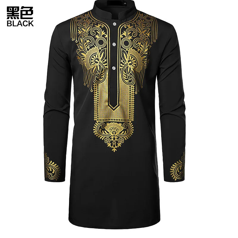 Dubai Luxury Casual Islamic Arabic Abaya Robe Fashion Ethnic Print Stand Collar Youth Mid-length Shirt Coat Muslim Men Clothing