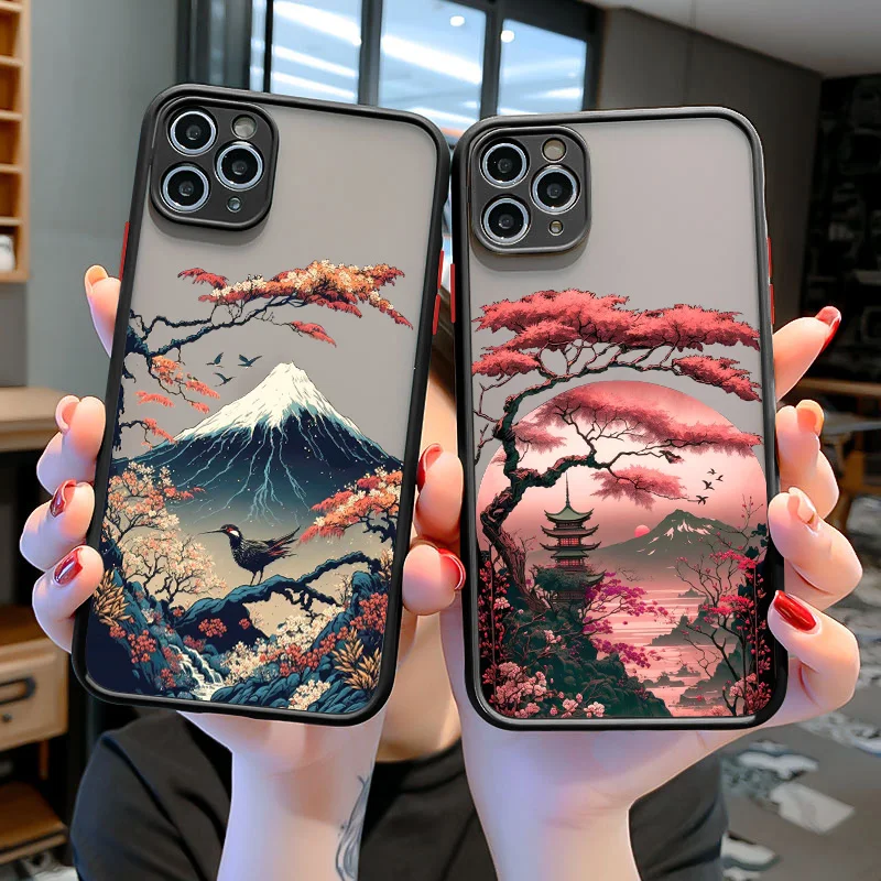 Japanese Aesthetic Mount Fuji Landscape Map Phone Case For iPhone 7 8 Plus 14 13 12 11 15 Pro Max Mini XR XS X Shockproof Cover