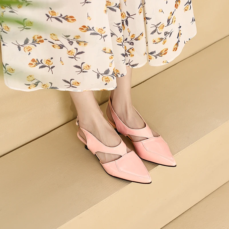 Plus Size Glossy Patent Leather Pointed Low Heeled Side Hollowed Out Casual Sandals Round Heeled Sewing Office Women's Shoes