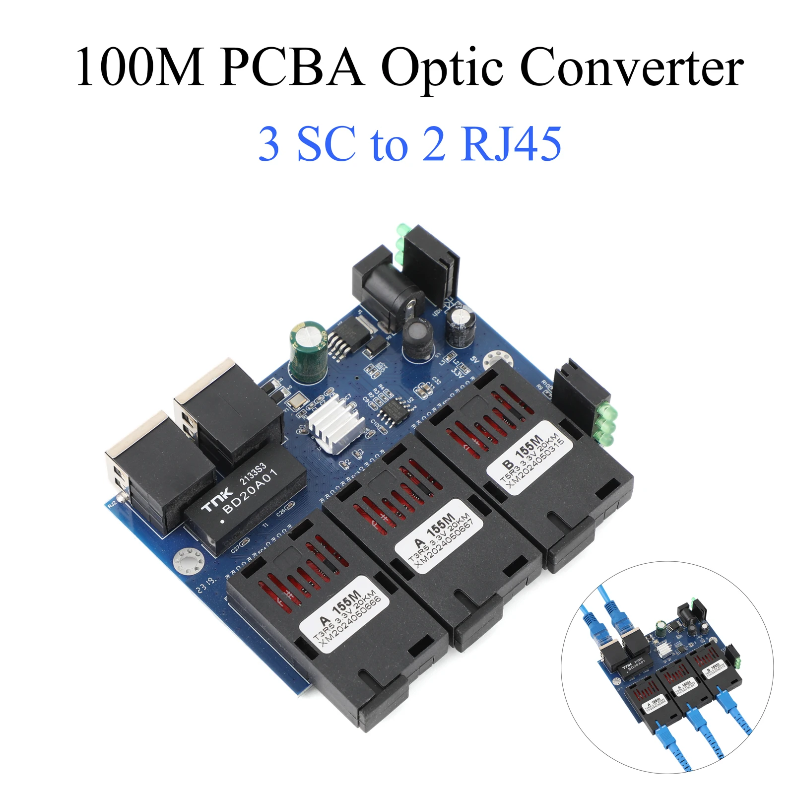 10M/100M Fiber Optic Media Converter 2 RJ45 to 3 SC 2A+1B Optic Connector 1310nm/1550nm Ports PCBA Board 20KM Ethernet Switch