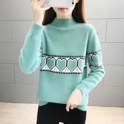 Autumn and Winter Women's Half High Collar Long Sleeve Knitted Fleece Loose Sweaters Jumpers Fashion Casual Office Lady Tops