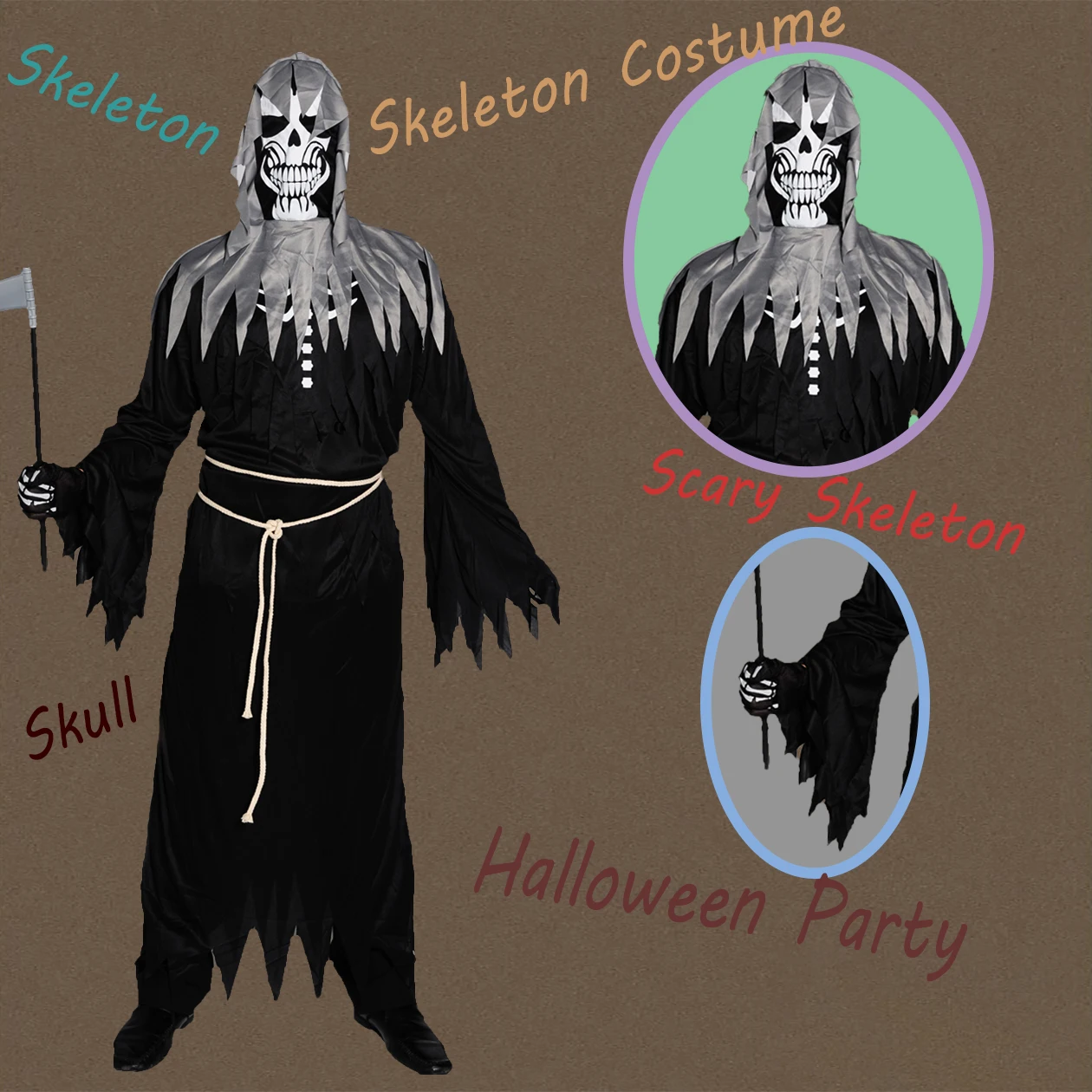 

Men skeleton Costumes Devil Grim Reaper Purim Cosplay Halloween Party Fancy Dress Adult Men Black Robe Clothes