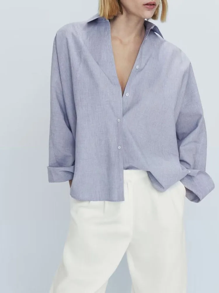 

Women 2023 New Fashion Button-up casual Loose Cotton Blouses Vintage lapel Long Sleeve Female Shirts Chic Tops