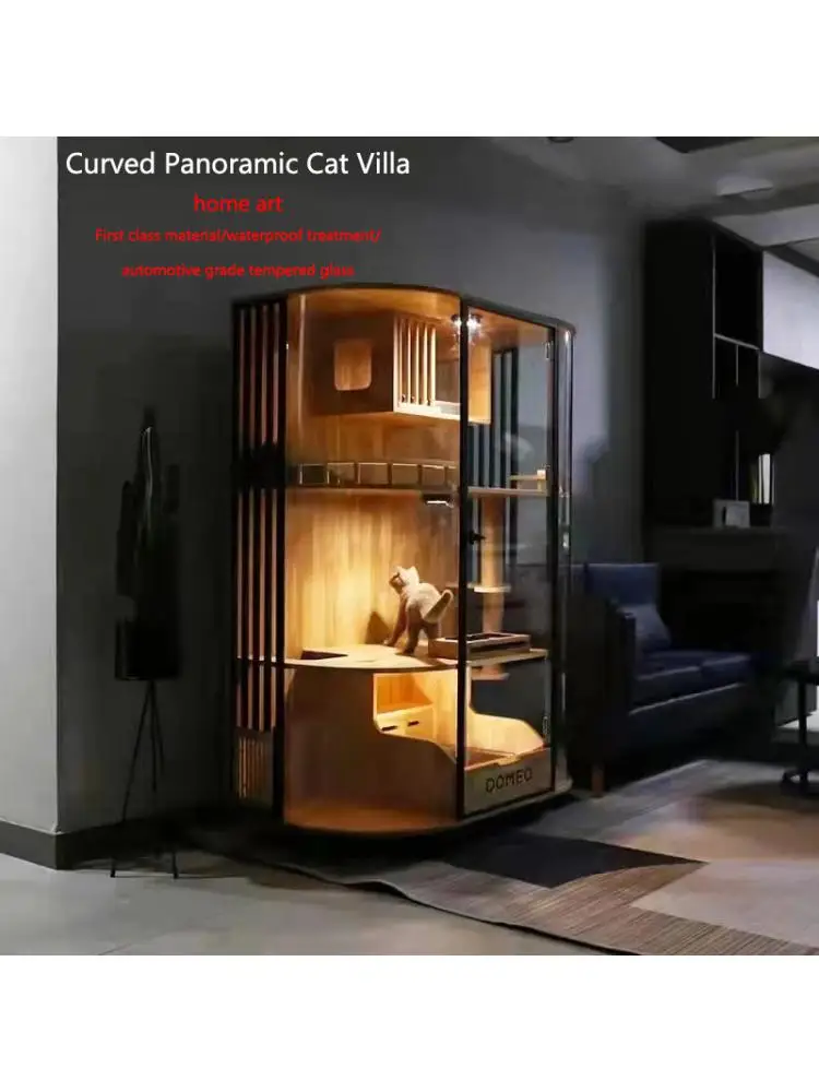 

Curved Surface Panoramic Cat Villa, Solid Wood Cat Cabinet, Glass Transparent Luxury Cat House, Cat Showcase