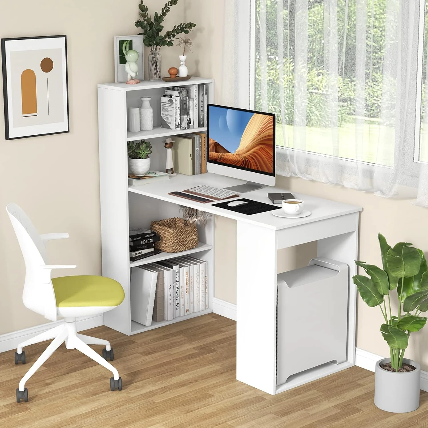 48 Inch Computer Desk with Bookshelf Reversible Study Writing Desk with Storage Shelves CPU Stand Compact Office Desks & Worksta 5