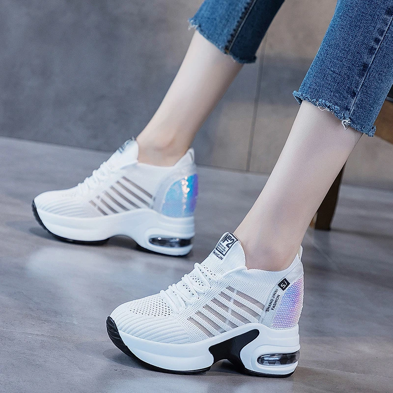 

Women's Sneakers Spring Sequined Casual Shoes Women Platform Heels Wedges Height Increasing 2023 Knitted Ladies Vulcanized Shoes
