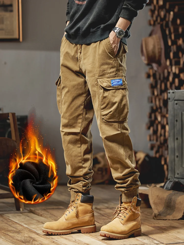 

Зимние плотные флисовые теплые брюки-карго, Мужская Рабочая одежда с несколькими карманами, комбинезоны, облегающие джоггеры, хлопковые повседневные термобрюки