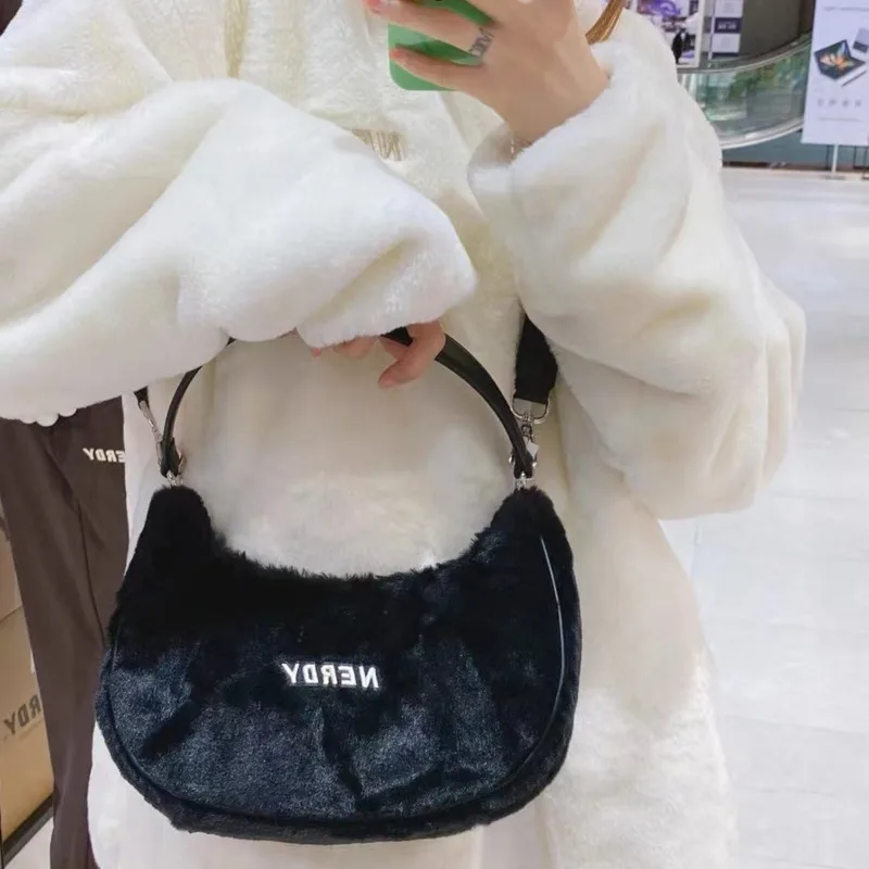 Letter Print Luxury Designer Plush Handbags Korean Casual Soft Small Shoulder Bag For Women Fashion Underarm Bags 