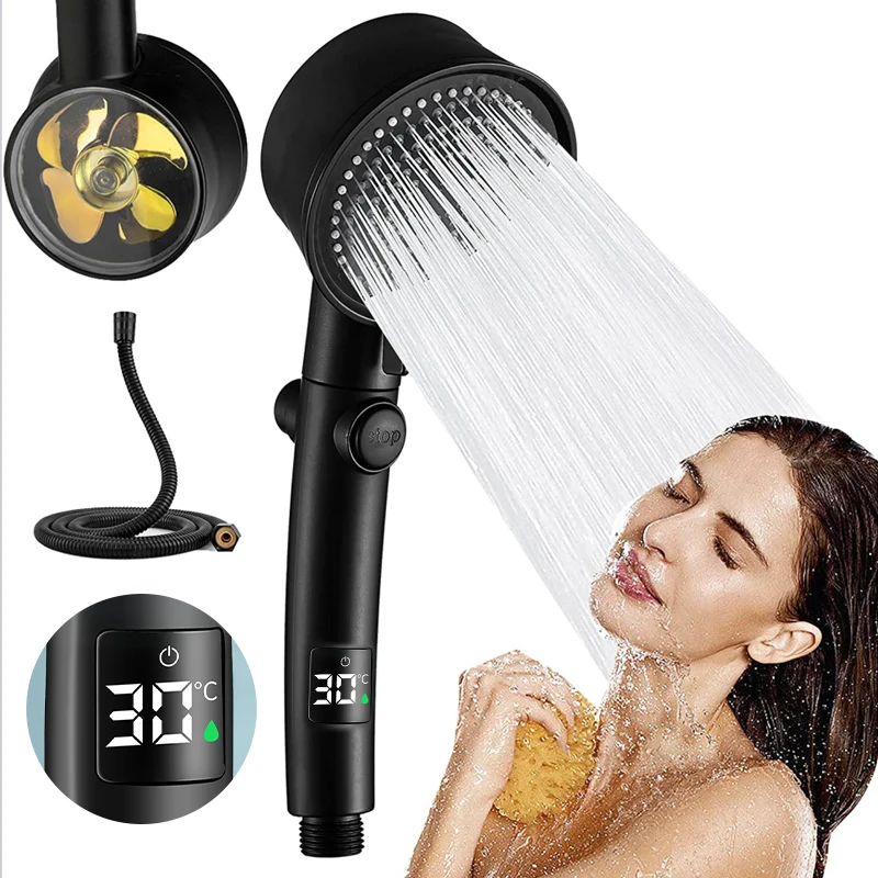 HighPressureShowerHeadTemperatureDisplay5ModesTurbochargedRainfallWaterSaving