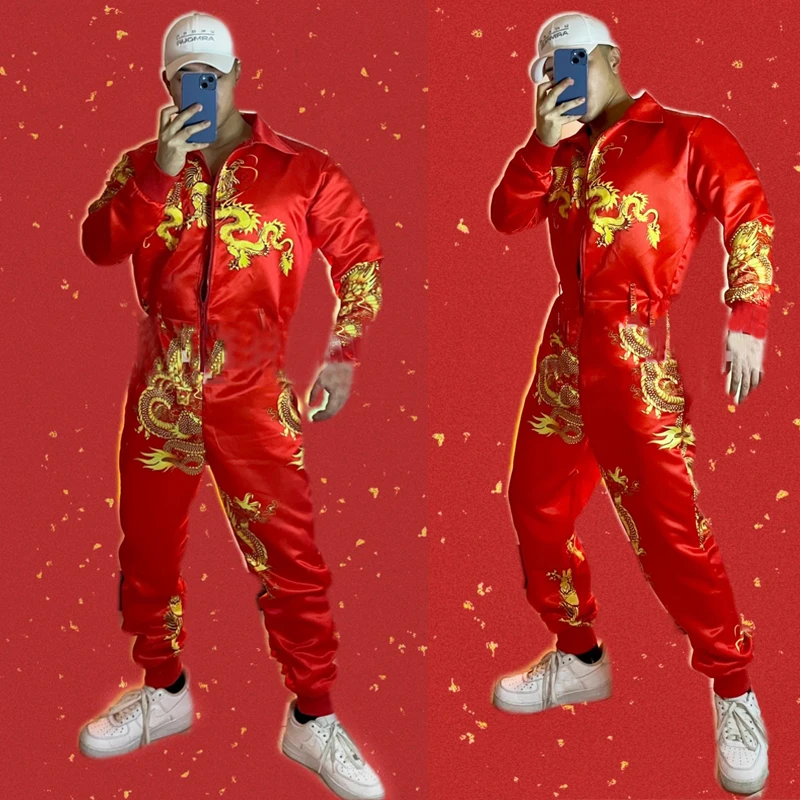 

Men Nightclub Ds Dj Gogo Costume Chinese Style Red Hip Hop Dance Overalls Clothes Male Jazz Dance Clothing Rave Outfit XS3508