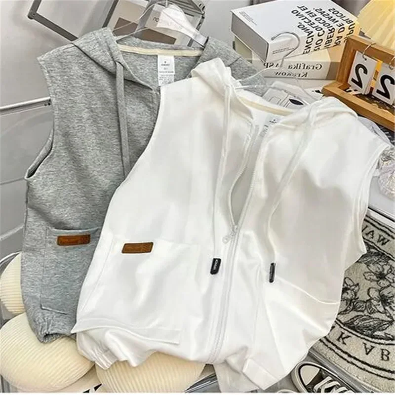 

Comfortable Simplicity Handsome Loose Cardigan Zipper Solid Vests Hooded Spring Summer Lacing Pockets Casual Women's Clothing