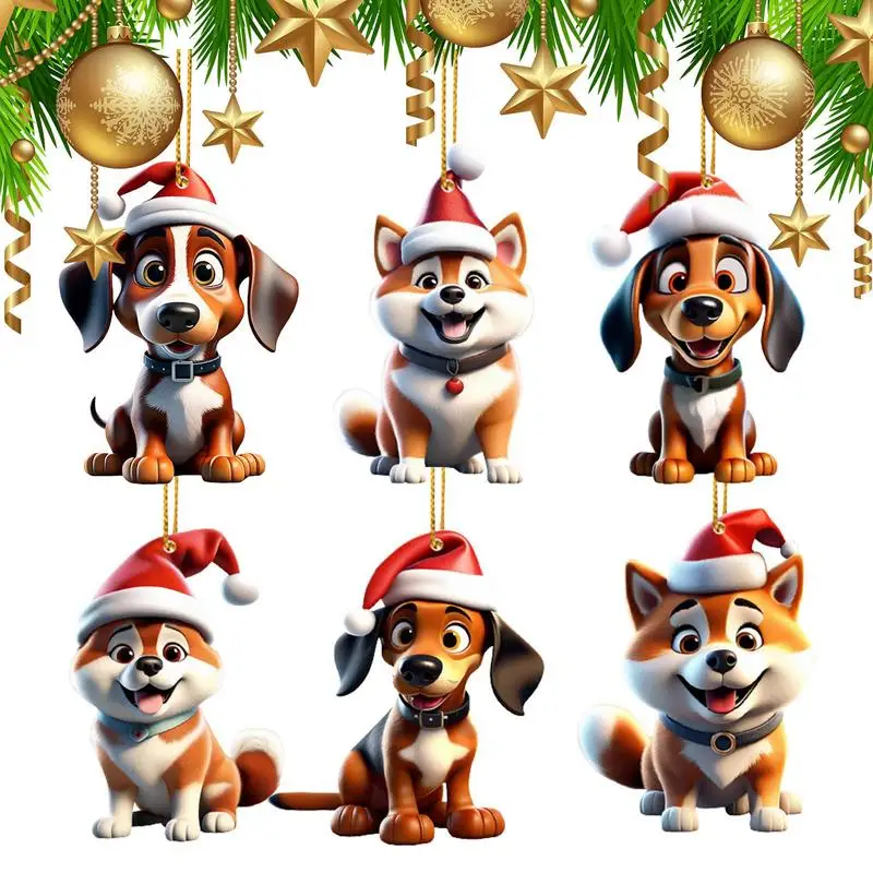 

2D Dog Christmas Tree Ornaments Acrylic Dog Figurines Christmas Tree Hangings Pendant 6 PCS Car Pendant Christmas Crafts Decor