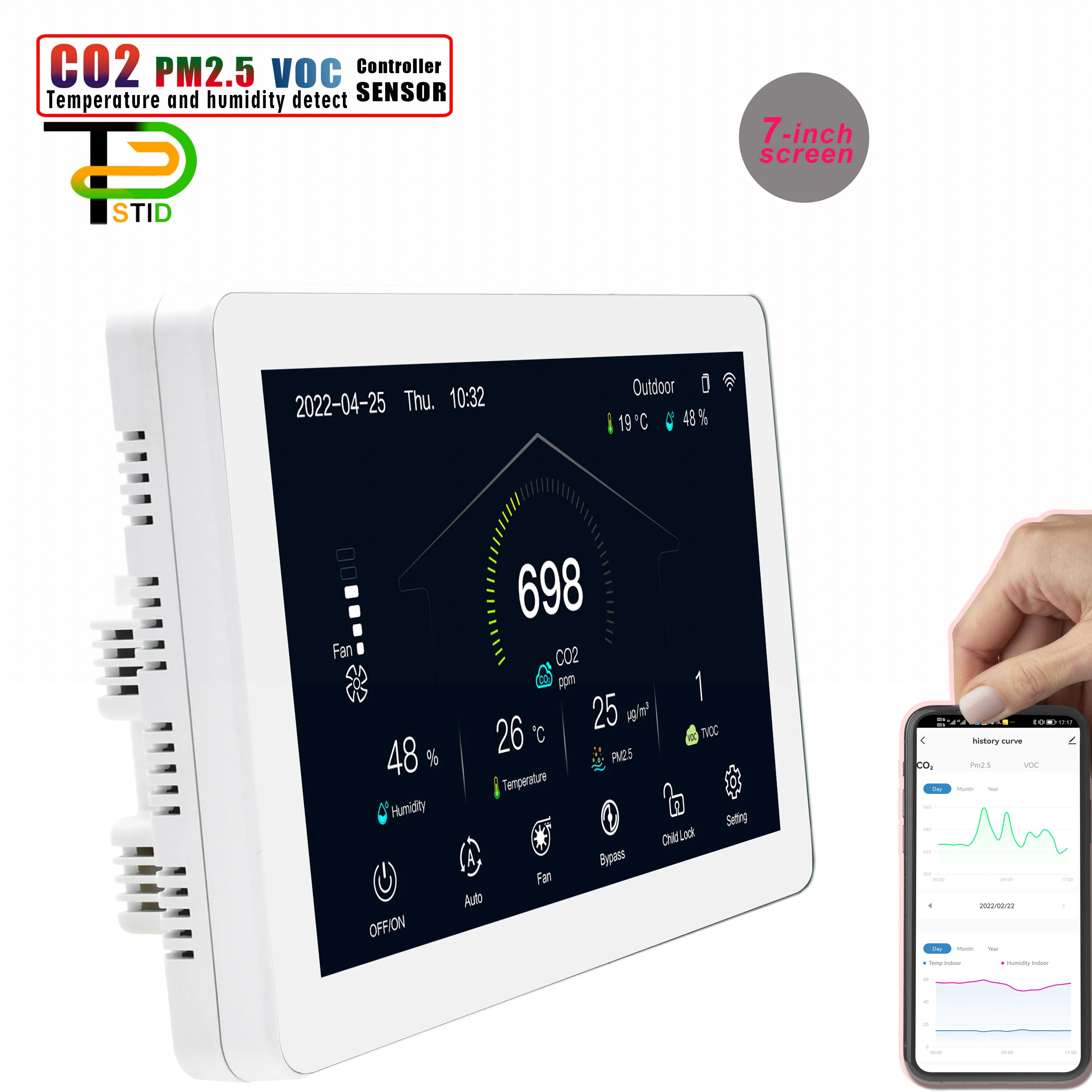 7inch Screen Air Quality Monitoring System For Co2&pm2.5&voc Fan