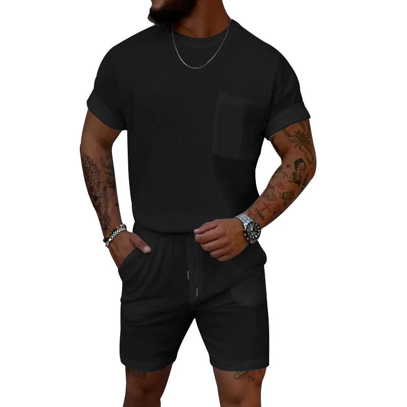 2024 Summer New Men's Set Simple Style Casual Sportswear Quality Waffle Fabric Pocket Decoration Slim T-shirt And Shorts Two Set