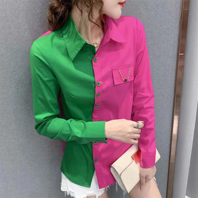 Spring Autumn Polo-neck Contrast Color Slim Shirt Female Long Sleeve Patchwork Casual Fashion Buttons Blouse Women Cardigan Top