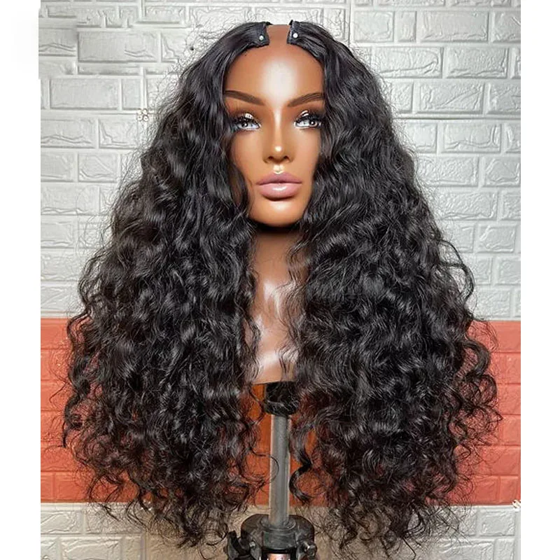26“ Long Deep Free Part Kinky Curly Black U Part Wig Brazilian Human