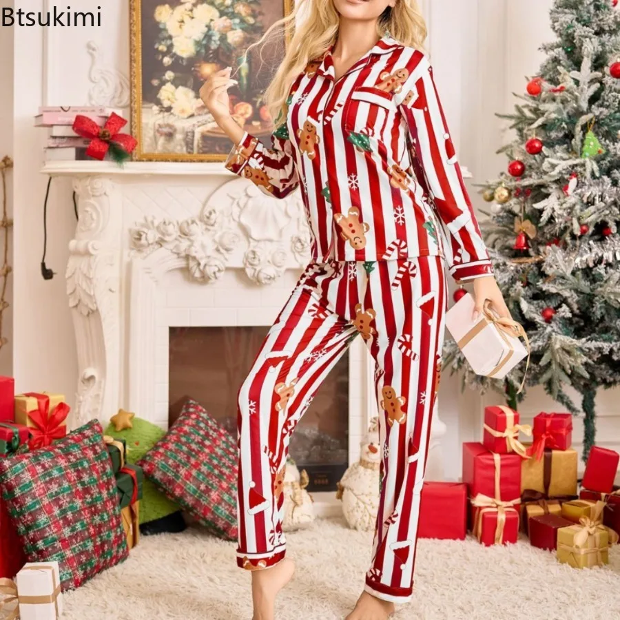 New Year Christmas Long Sleeved Long Pants Home Clothes Underwear Striped Print Lapel Collar Pajamas Ladies' Comfortable Pajamas
