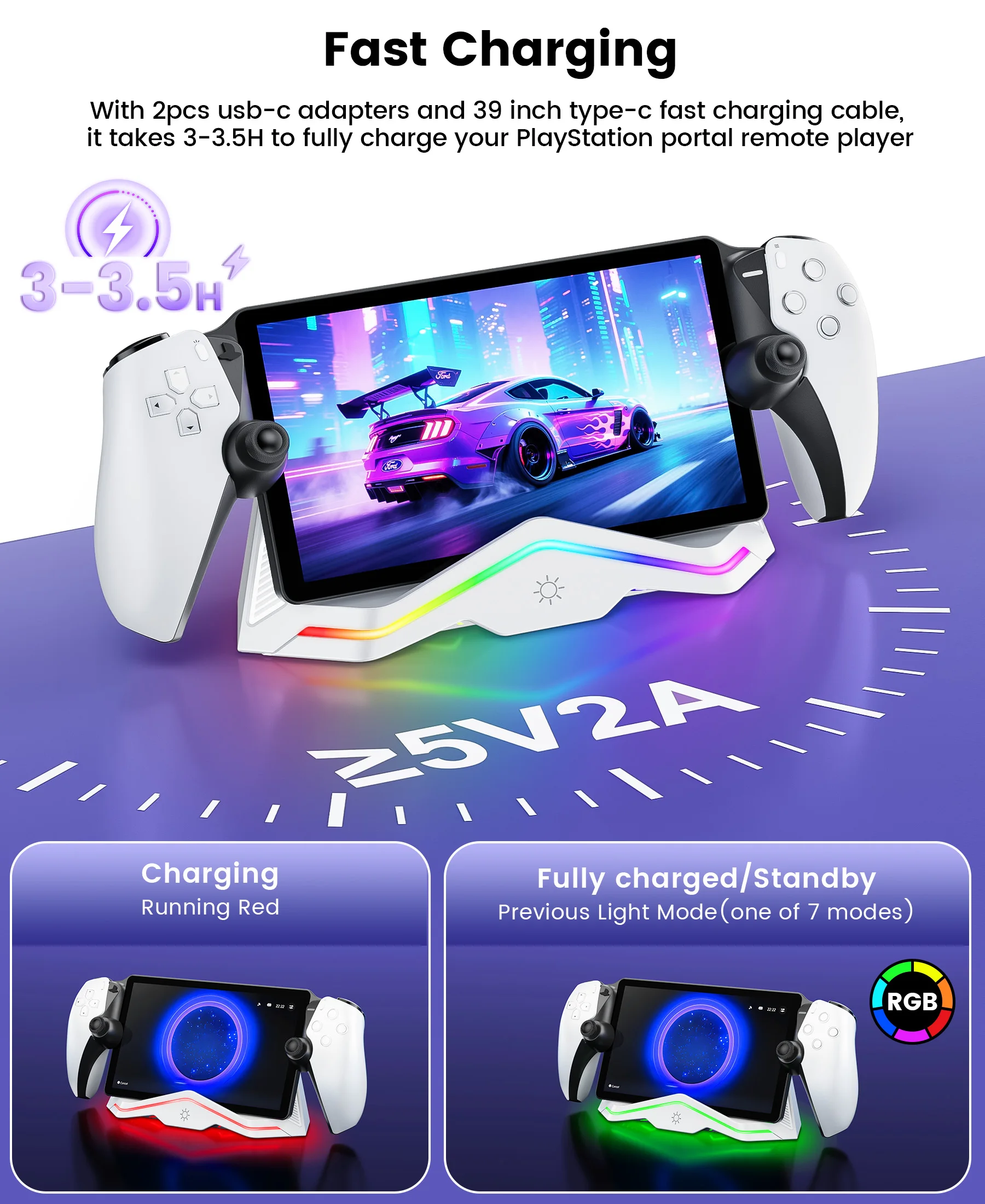 BEBONCOOL PR100 포털 고속 충전 도크 |   8가지 조명 모드 및 저장 기능 - PS5 스트리밍 핸드헬드 및 3A 게임용 자기 접촉