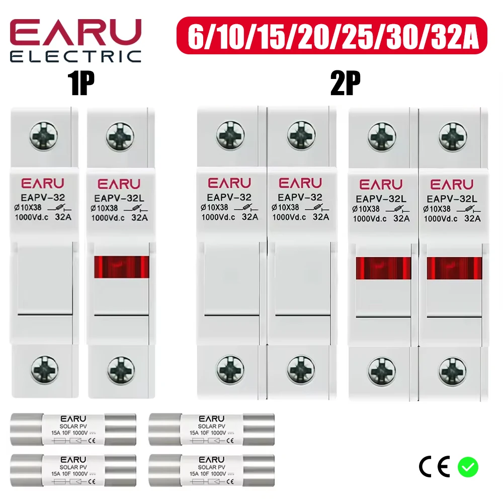 1P 2P Din Rail Solar PV DC Fuse Holders with Indicator Light suitable 10*38mm DC