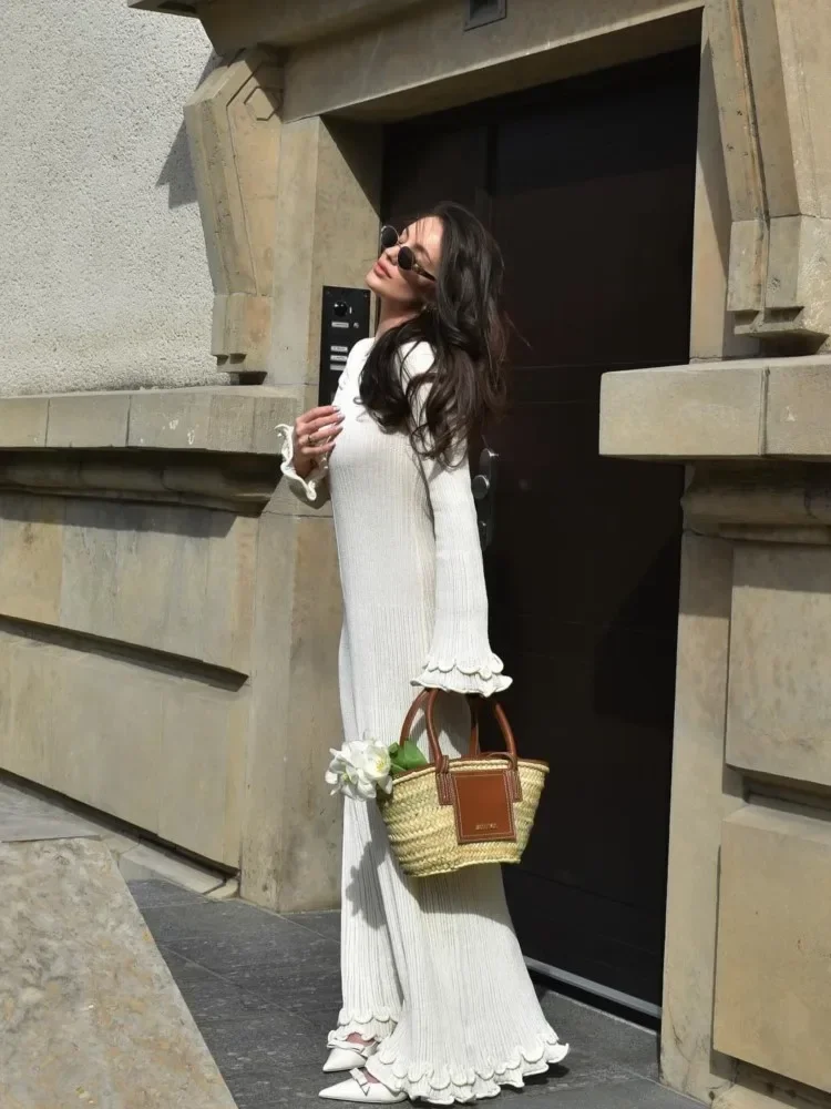 Autumn Ruffled White Maxi Dress Women Backless Lace-Up Slim Ribbed Long Sleeve Patchwork Dress Knitwear Female Long Dress