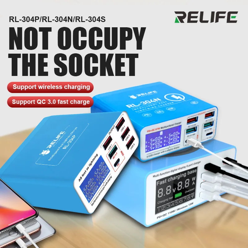 

RELIFE RL-304P RL-304N RL-304S Smart 6 Port USB Digital Display Lightning Charger For IPhone Samsung Huawei MI Vivo Opop Flat