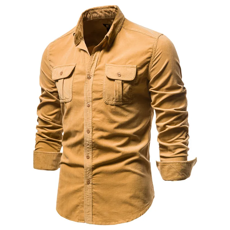 2020 New Men's Business Casual Fashion solid color corduroy shirt short sleeve collared shirt