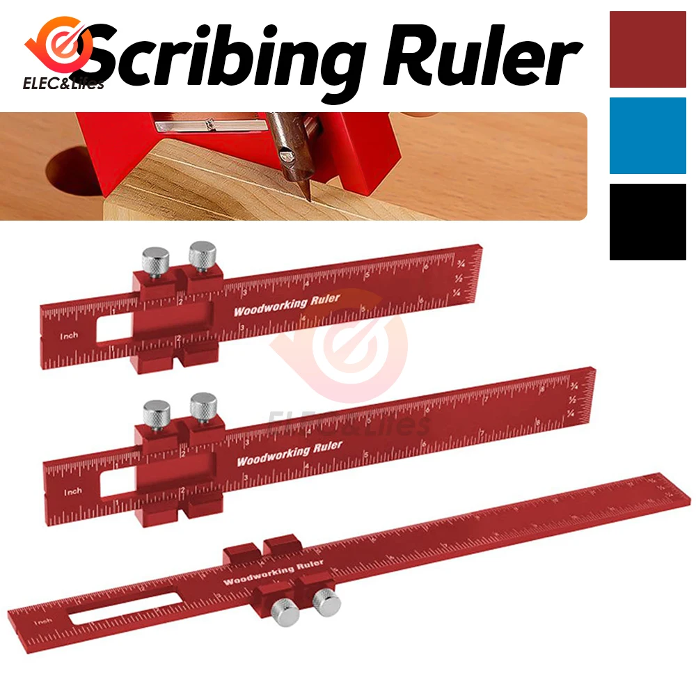 

3Pcs/Set Aluminum Alloy Red T-shaped Woodworking Tools Round Hole Ruler Portable Woodworker DIY Multifunctional Scriber Ruler