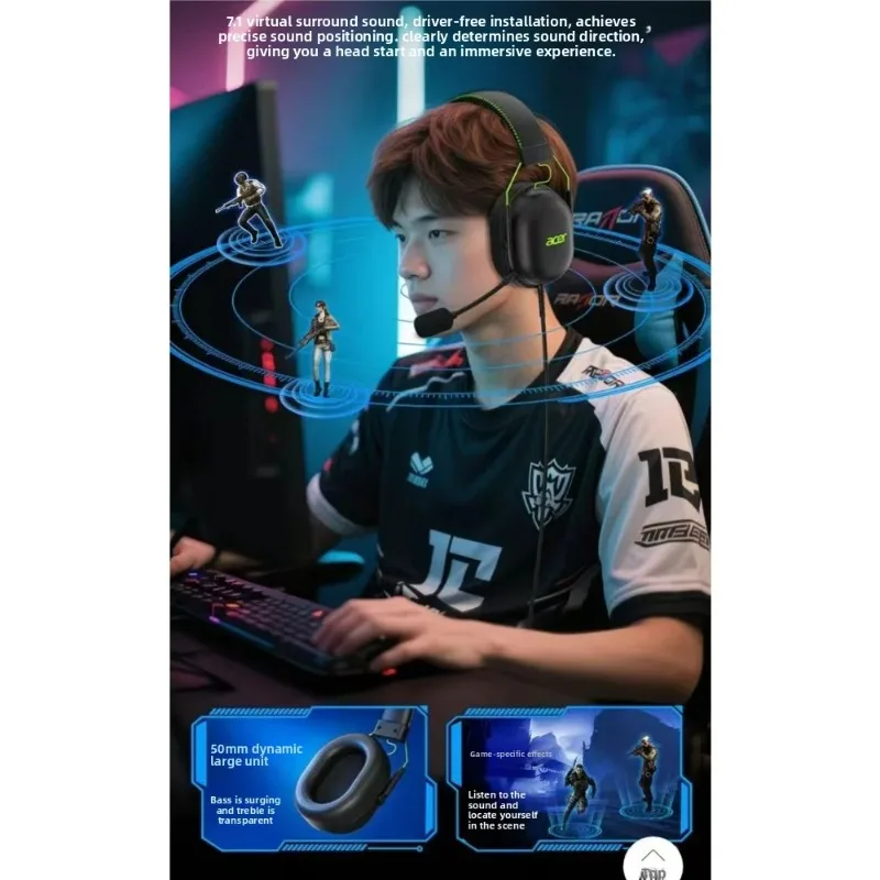 Acer OHW200Wired 게이밍 헤드셋 오버이어 스테레오 베이스 헤드폰(마이크 포함) 소음 차단 3.5mm PC 노트북 PS4 PS5 Xbox 게이머용
