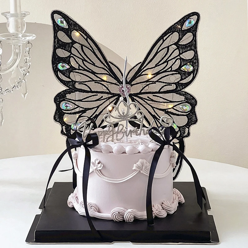 발렌타인 데이 케이크 토퍼 장식 수제 큰 나비 삽입, 생일 축하 LED 라이트 베이킹 용품