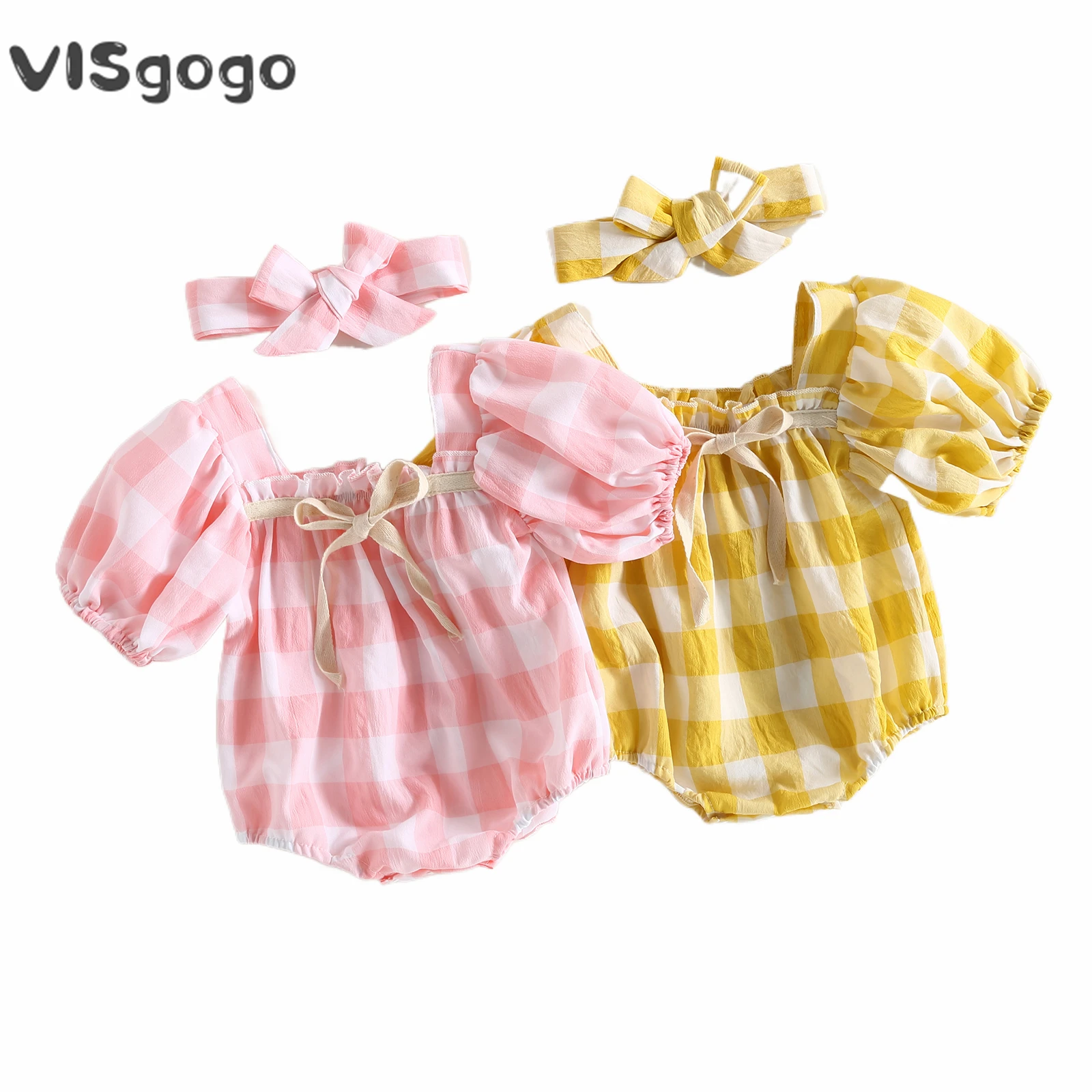 

VISgogo 0-24M Baby Girl Summer Romper Lantern Sleeve Off Shoulder Square Neck Bowknot Plaid Bodysuit with Headband Cute Outfit