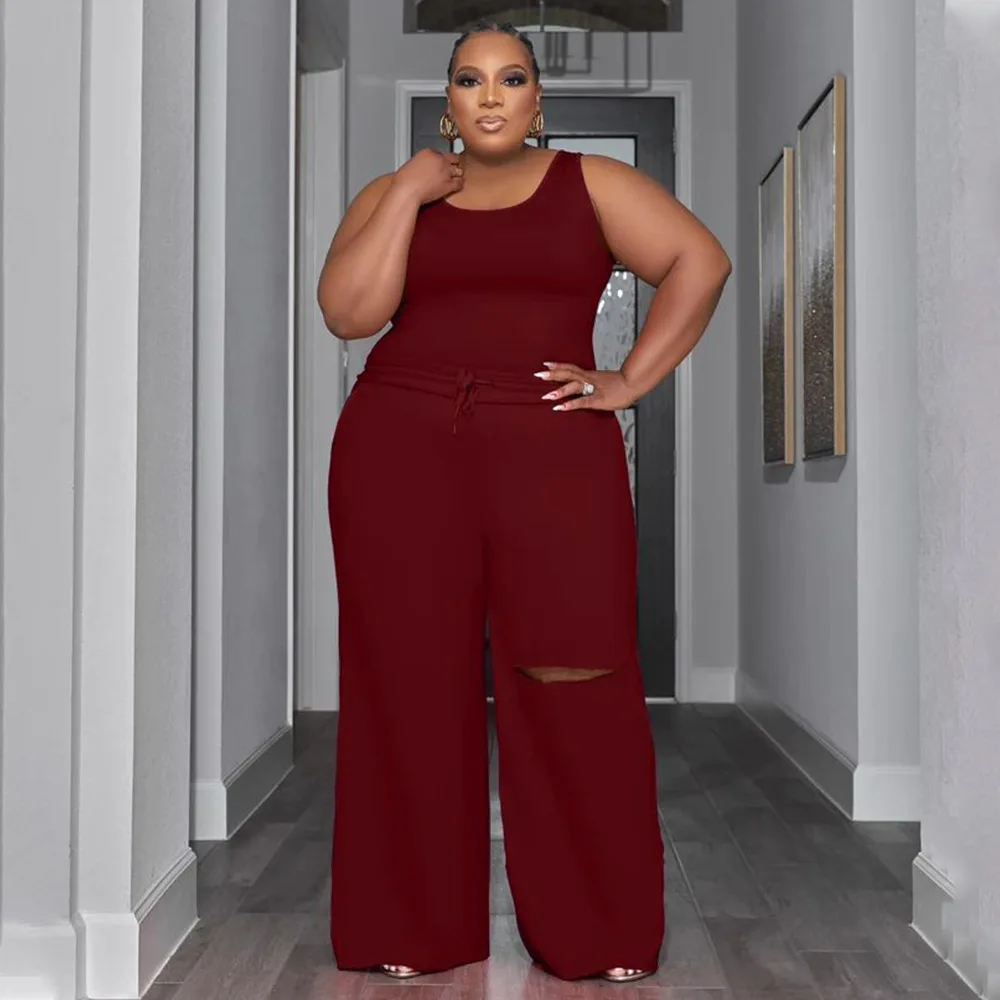 Plus Size Women Set Solid Sleeveless Shirt Top And Ripped Pants Lady Casual Big Size Two Piece Set Female Fashion Tracksuit
