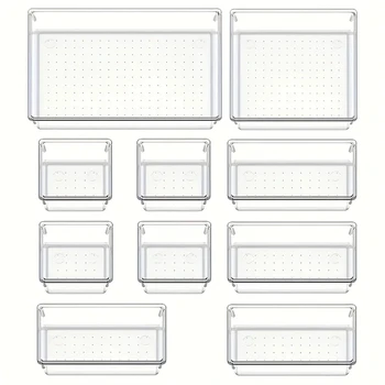 ชุดจัดระเบียบลิ้นชักอเนกประสงค์10ชิ้น-ถาดพลาสติกใสและวงเวียนมี4ขนาดเพื่อการแต่งหน้าและที่เก็บเครื่องครัวที่สมบูรณ์แบบ 1