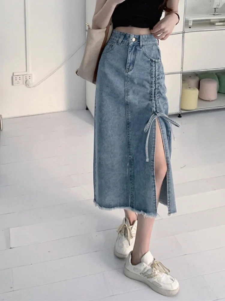 

Fashion Shirring A-line Jean Skirt for Women Summer Fashion Design High Waist Slit Bandage Feamle Denim Skirts Oversized S-5XL