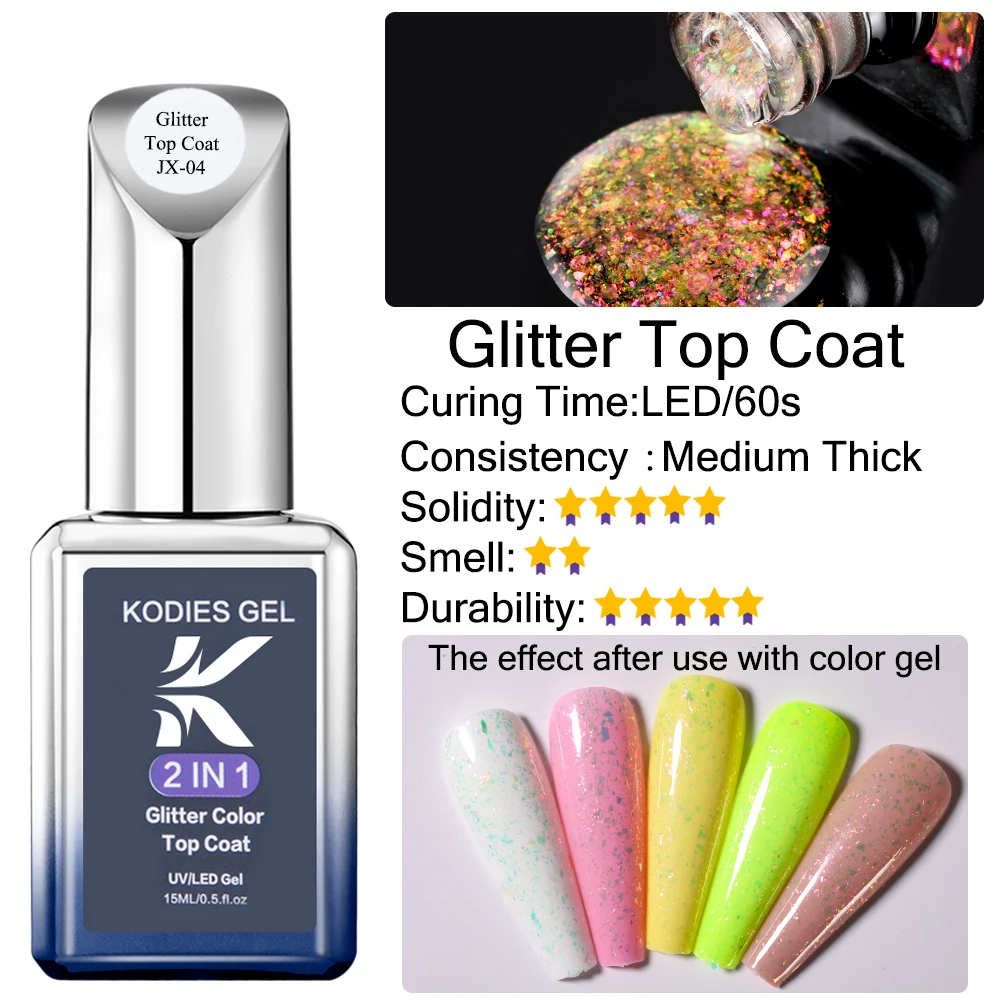KODIES GEL Opal Glitter Top Coat Gel Nail Polish 15ML Sparkle Semi permanent UV Auroral Gel Varnish Finish All for Manicure Nail 2