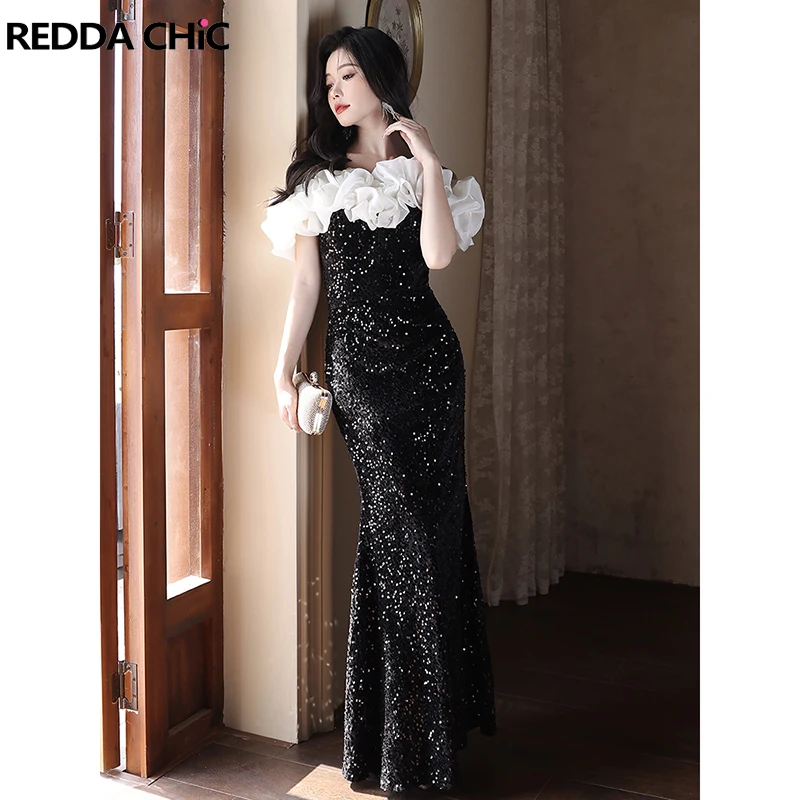 

ReddaChic Women Elegant Fishtail Evening Party Gown Y2k Retro Black Sequin Sleeveless Backless Tall Girl Floor-Long Formal Dress