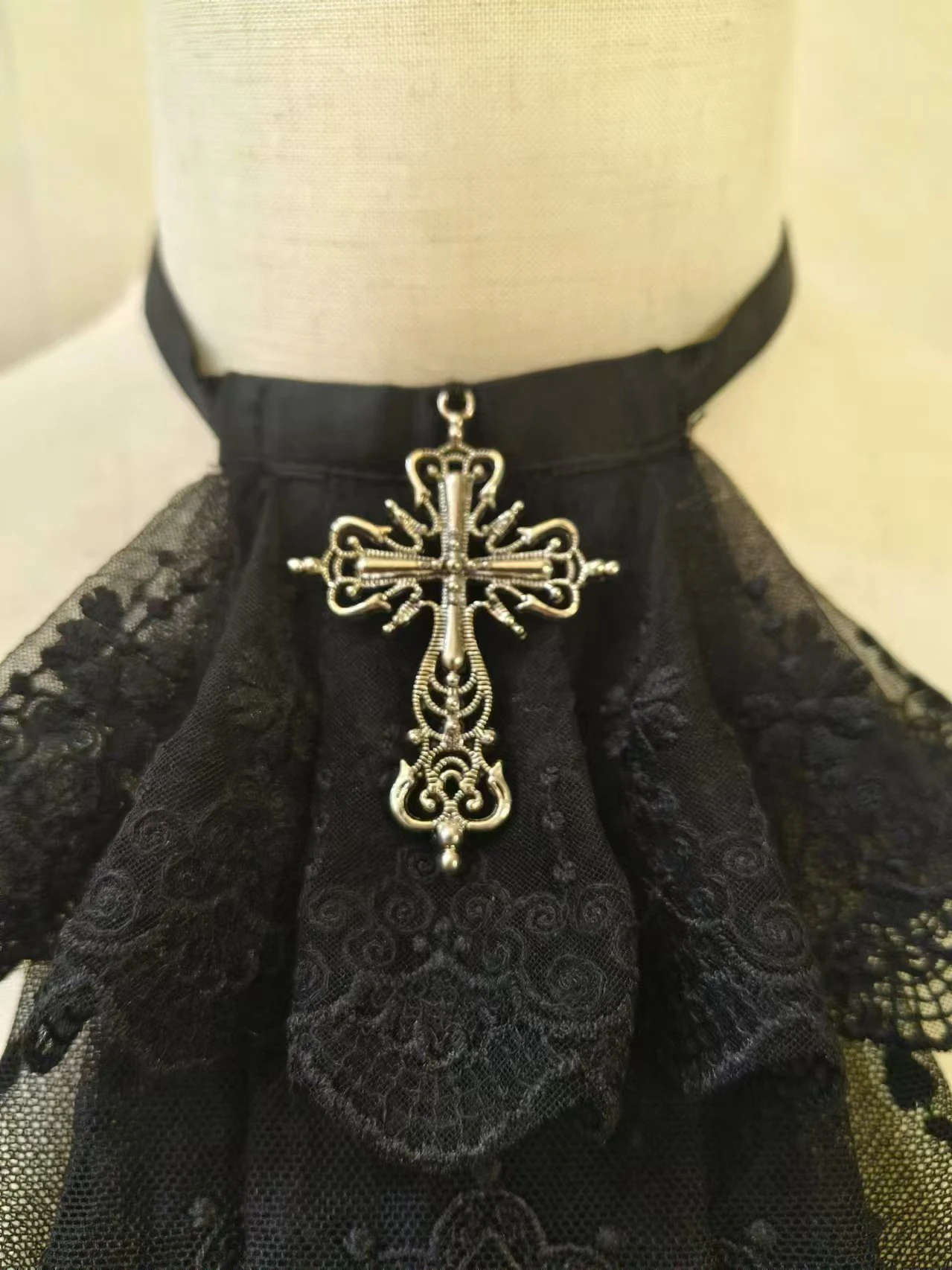 Original Handmade Cross Lace Jabot Neck Collar Lolita Accessories Gothic Cosplay Layered Ruffle Detachable Collar