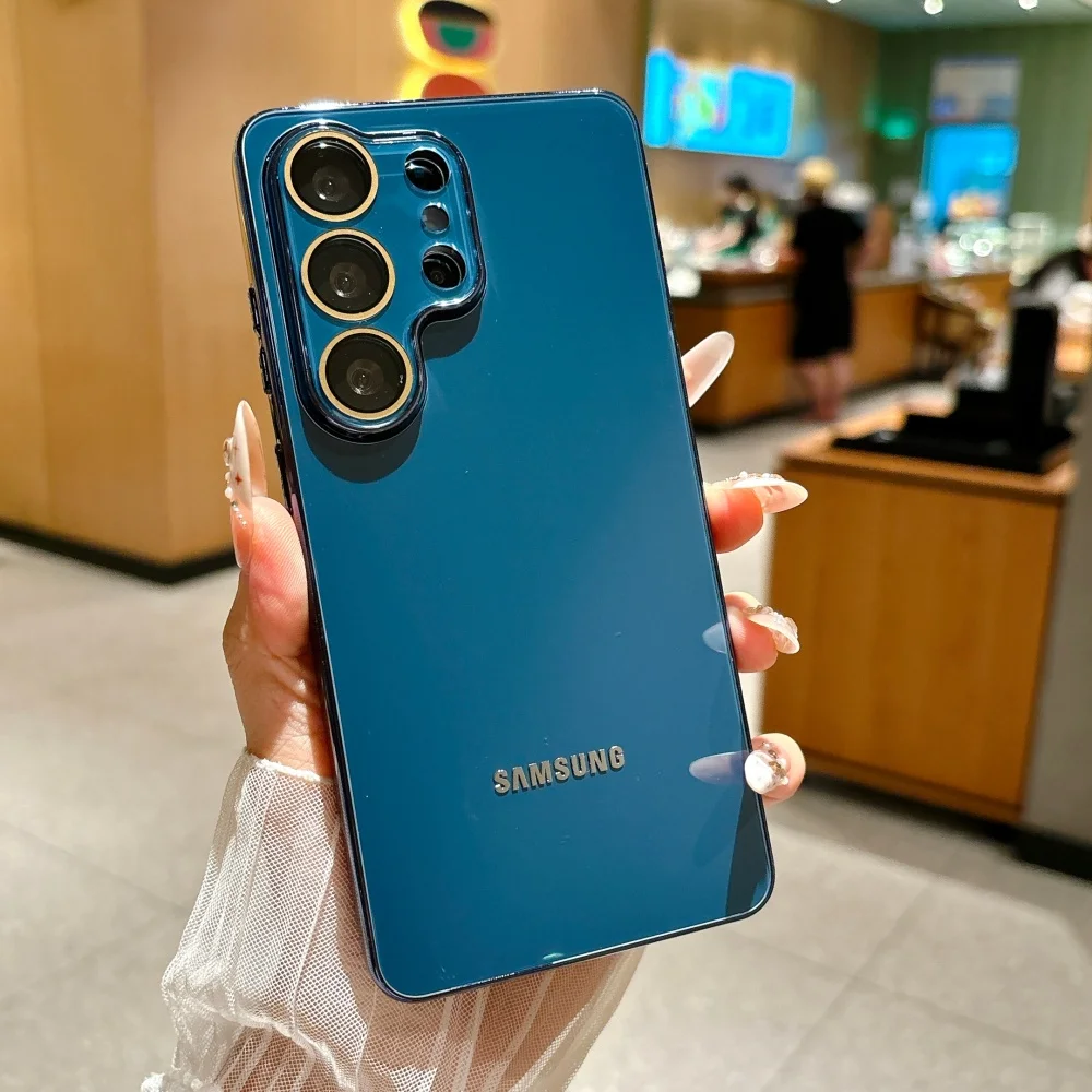 Luxury Solid Color Glass Phone Case For Samsung S26 S25 Ultra S24 FE S23Ultra Plating TPU Bumper Frame Lens Protection Cover
