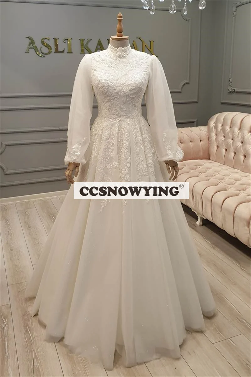 

Muslim Wedding Dress For Bride Tulle Long See-through Sleeve High Neck Beaded Islamic Hijab Bridal Gowns Arabic Robe De Mariée