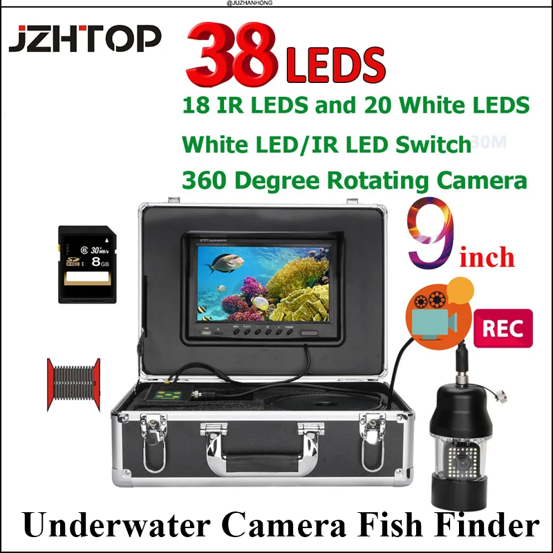 9 Inch Monitor Underwater Fishing Video Camera Fish Finder IP68 Waterproof 38 LEDs 360 Degree Rotating Camera