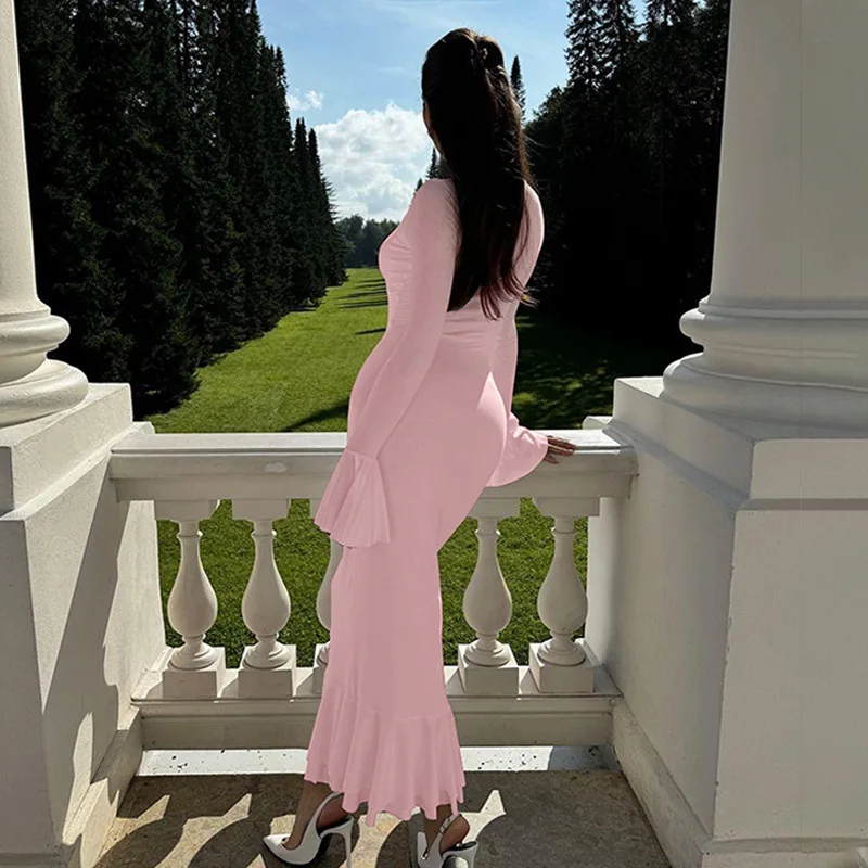 Vestido largo de otoño con volantes para mujer, elegante vestido de fiesta de retazos con cintura alta y manga larga para desplazamientos diarios, ropa femenina