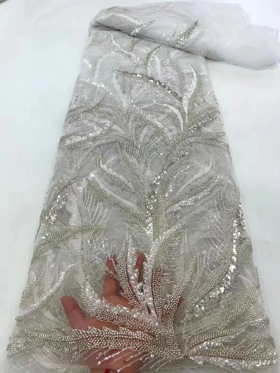 

New African Beaded Tulle Lace Fabric S-1216568 High Quality Lace Nigerian Sequin Lace Material Fabric for Wedding