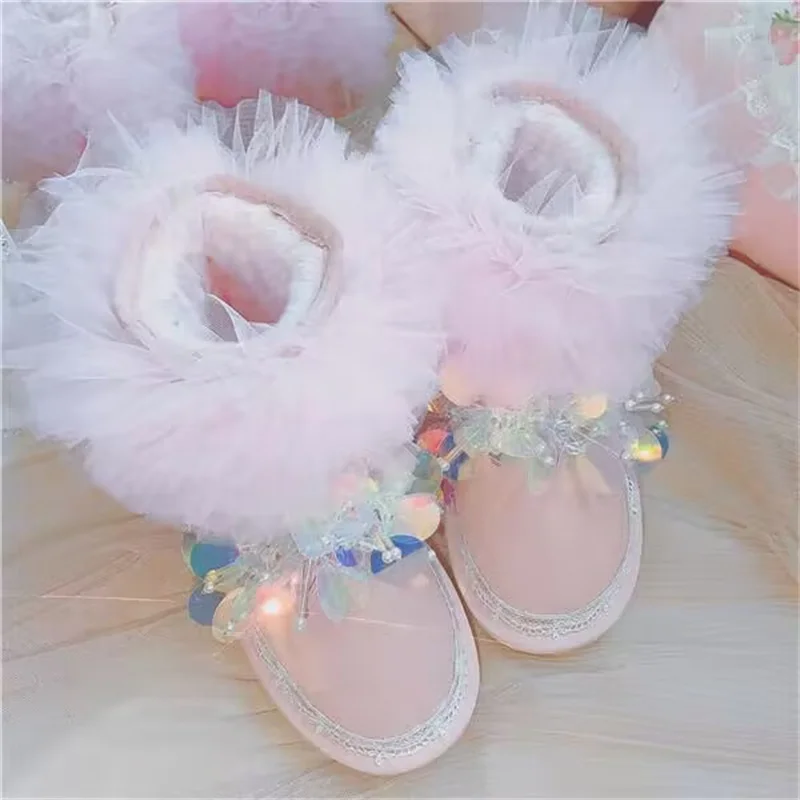 

Beaded sequins hand custom winter plus fleece warm boots Lace fur one-piece boots women's plus size 35-44