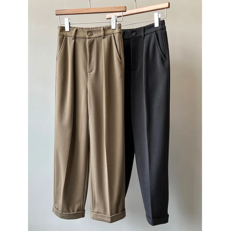 

Autumn Winter Women Thicken Woolen Suit Pants Elastic High Waist Casual Pocket Loose Straight Cropped Wide Leg Pants