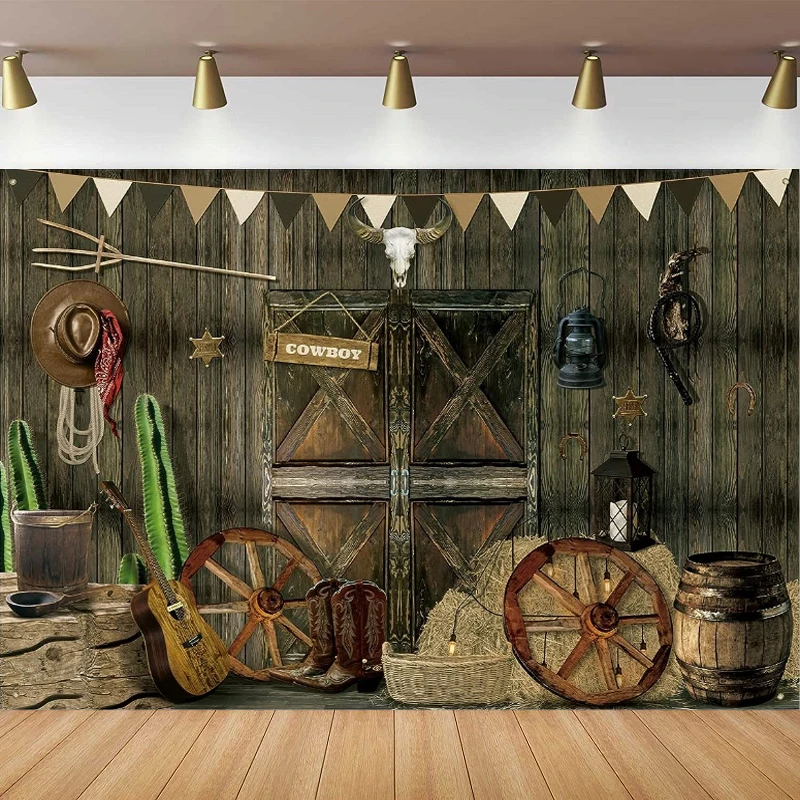 Sfondo Fotografico Western Cowboy Party Decoration Supplies Wild West Poster Rustic Wooden House Barn Banner Rodeo Background