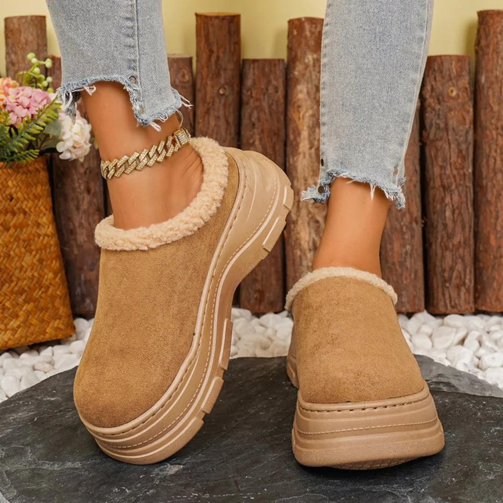 Faux Suede Wedges Cotton Slippers Women Outdoor Plus Size 45 Chunky Platform Snow Boots Woman 2025 Non Slip Warm Fluffy Slippers