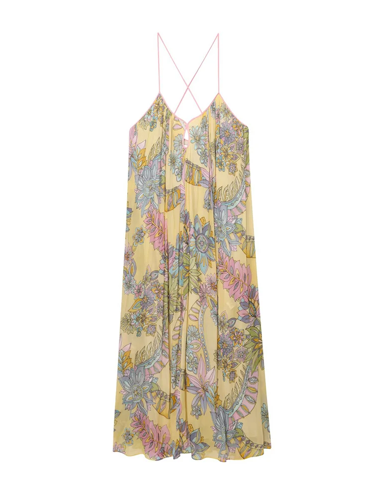 TFMLN Women's Retro Loose Print Sling Dress Summer Fashion Holiday Style Beach Maxi Dress Elegant Chic New Pattern Party Dress