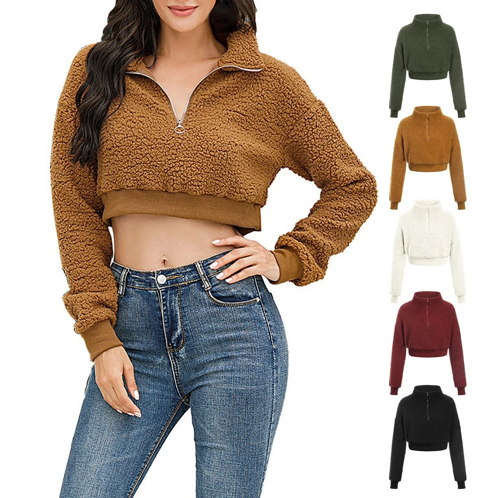 

Autumn And Winter Lamb Wool Short Coat Fleece Hoodie Sweatshirt Jacket Women Half Zip Fleece Pullover Women Fleece Jacket