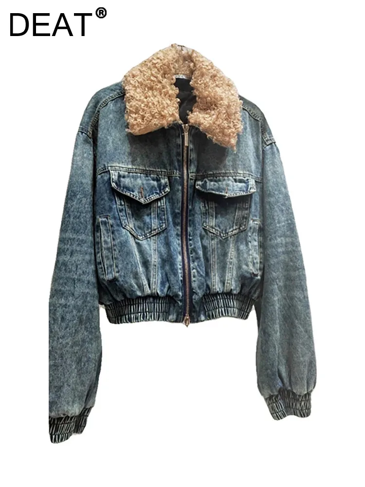 

DEAT Women's Denim Coat Patchwork Zipper Cotton-padded Plush Collar Thicken Long Sleeve Jackets 2024 Spring New Fashion 29L5497